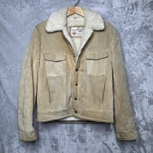 Vintage The Leather Shop Jacket Mens 38 Beige Suede Sherpa Lined Western Bomber